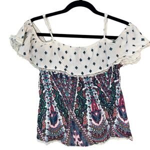 Altar'd State cream/pink/blue floral cold shoulder ruffle neck Size Small